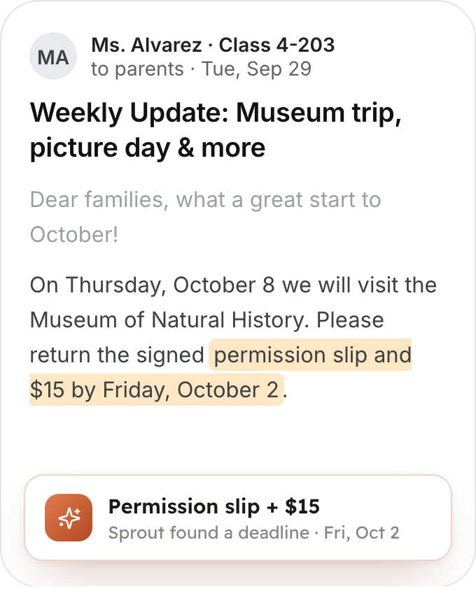 A class newsletter with the permission slip deadline highlighted and Sprout noting the deadline it found