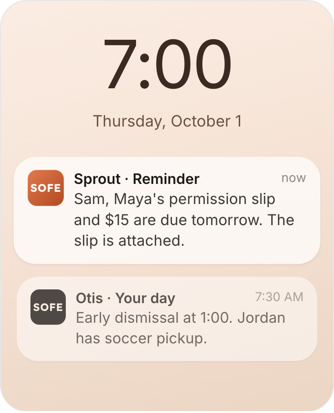 A lock screen reminder telling Sam the permission slip and $15 are due tomorrow