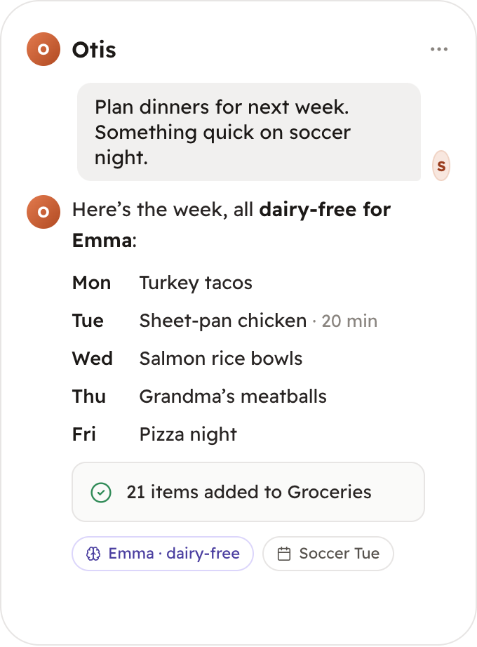 Sam asks Otis to plan next week's dinners; Otis replies with five dairy-free dinners for Emma, a 20-minute meal on soccer night, and 21 items added to groceries