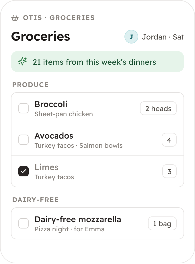 The shared grocery list, owned by Jordan for Saturday, with 21 items from this week's dinners and which meal each is for