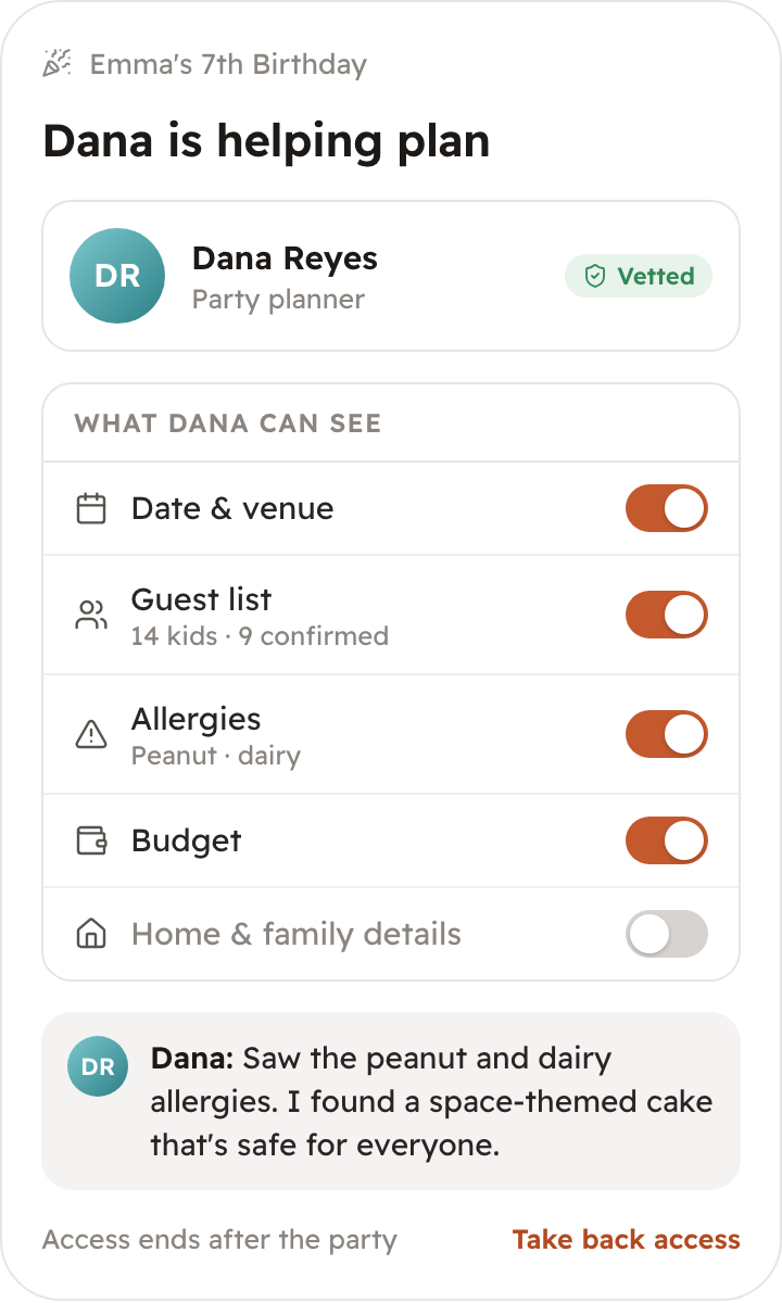 Dana, a vetted party planner, can see the date, guest list, allergies, and budget but not home and family details, and has already found an allergy-safe cake