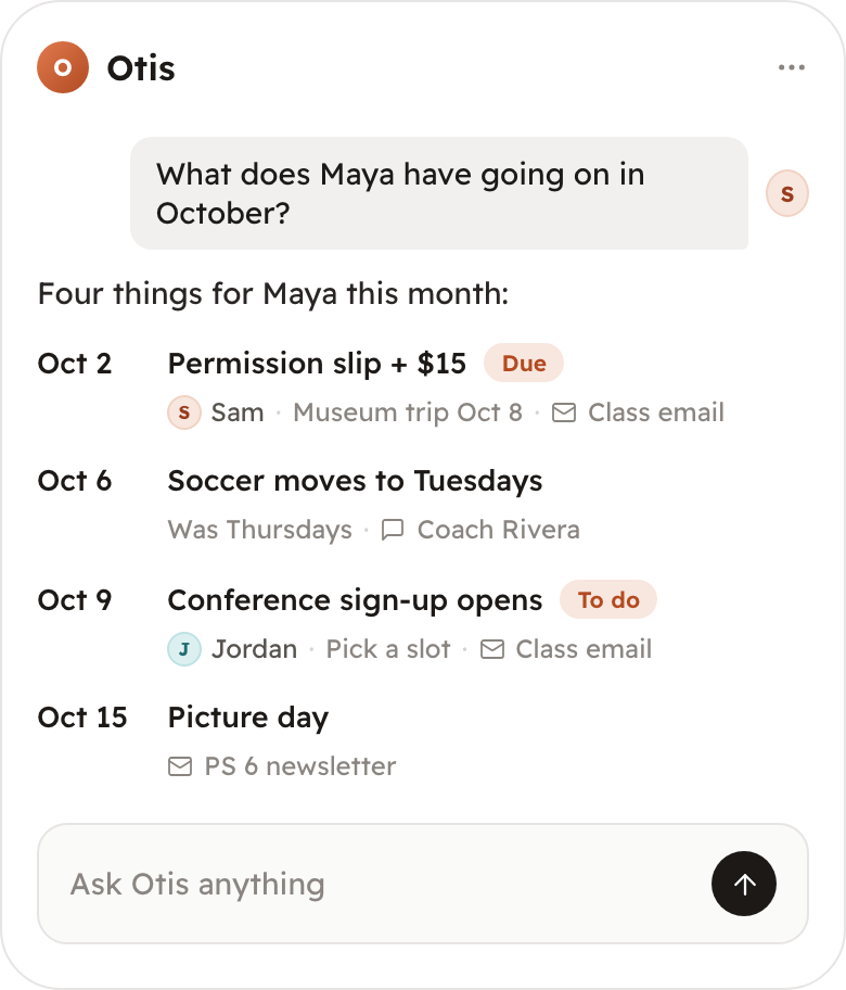Otis listing Maya's four October dates, with the school emails and coach message it used as sources